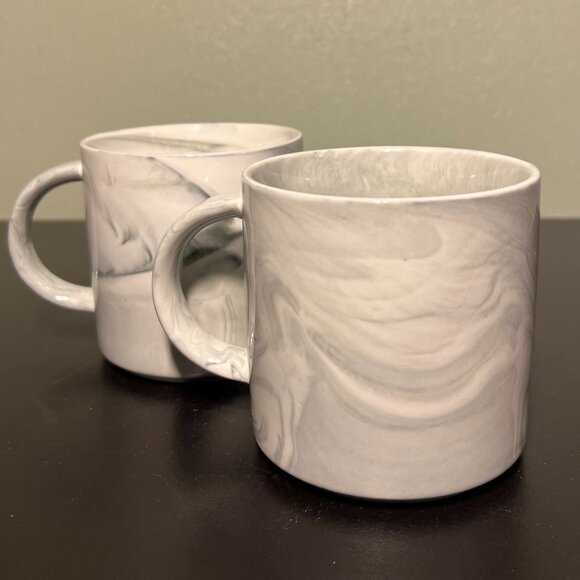 Set of 2 Stackable Marbleized White, Black & Hues of Gray Swirl Pattern Mugs - Picture 2 of 8